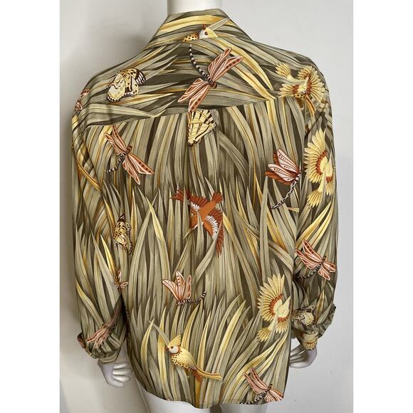 Salvatore Ferragamo Blouse Womens L 10 12 44 Silk Birds Butterfly Dragonfly - Picture 2 of 16